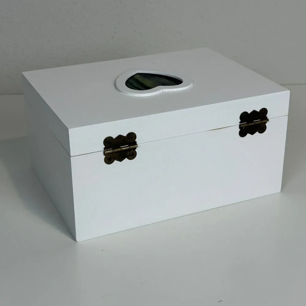 Hand-painted Wood-burned Heart White Jewelry Keepsake Box 8.5x6.5x4.5 White